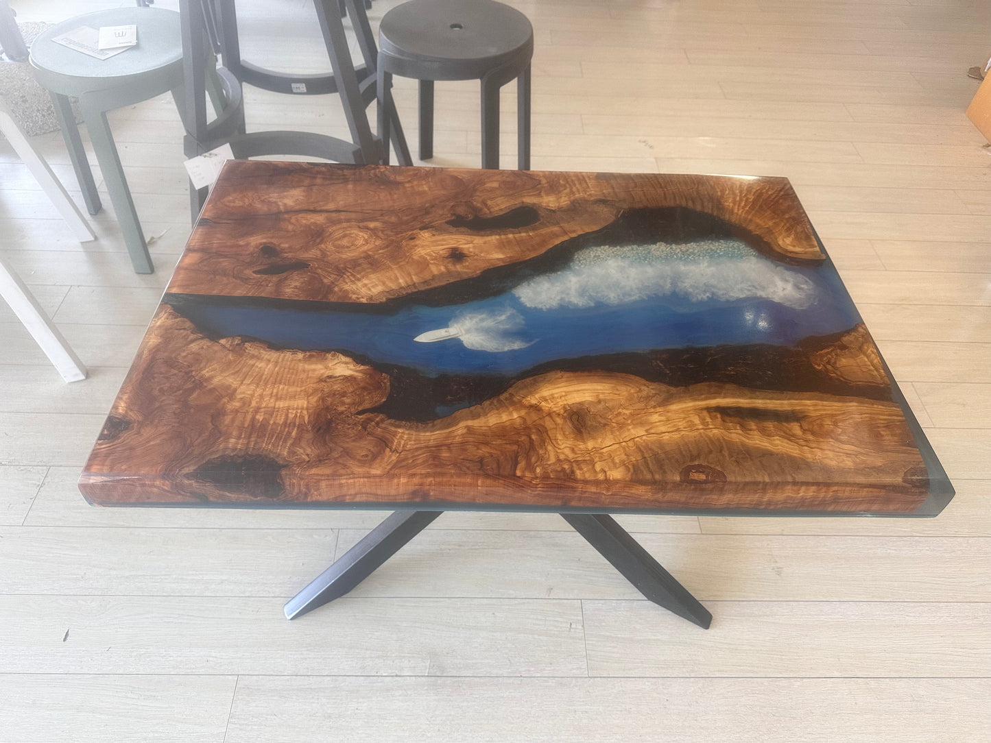 Beach River Coffee Table – Wood & Epoxy Resin with Waves and Sailboat Cyprus