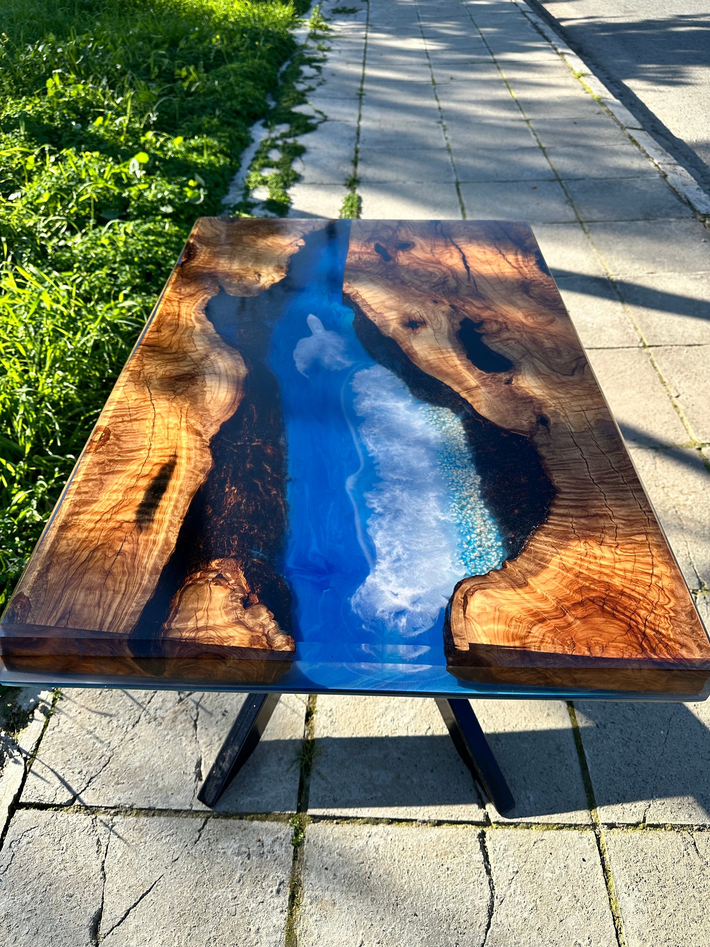 Beach River Coffee Table – Wood & Epoxy Resin with Waves and Sailboat Cyprus