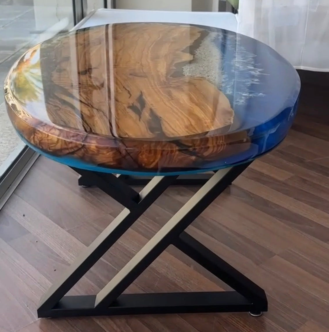 "Coastal Dream" – Resin River Coffee Table with Sailboat & Wave Effect One of a Kind, Handmade in Cyprus