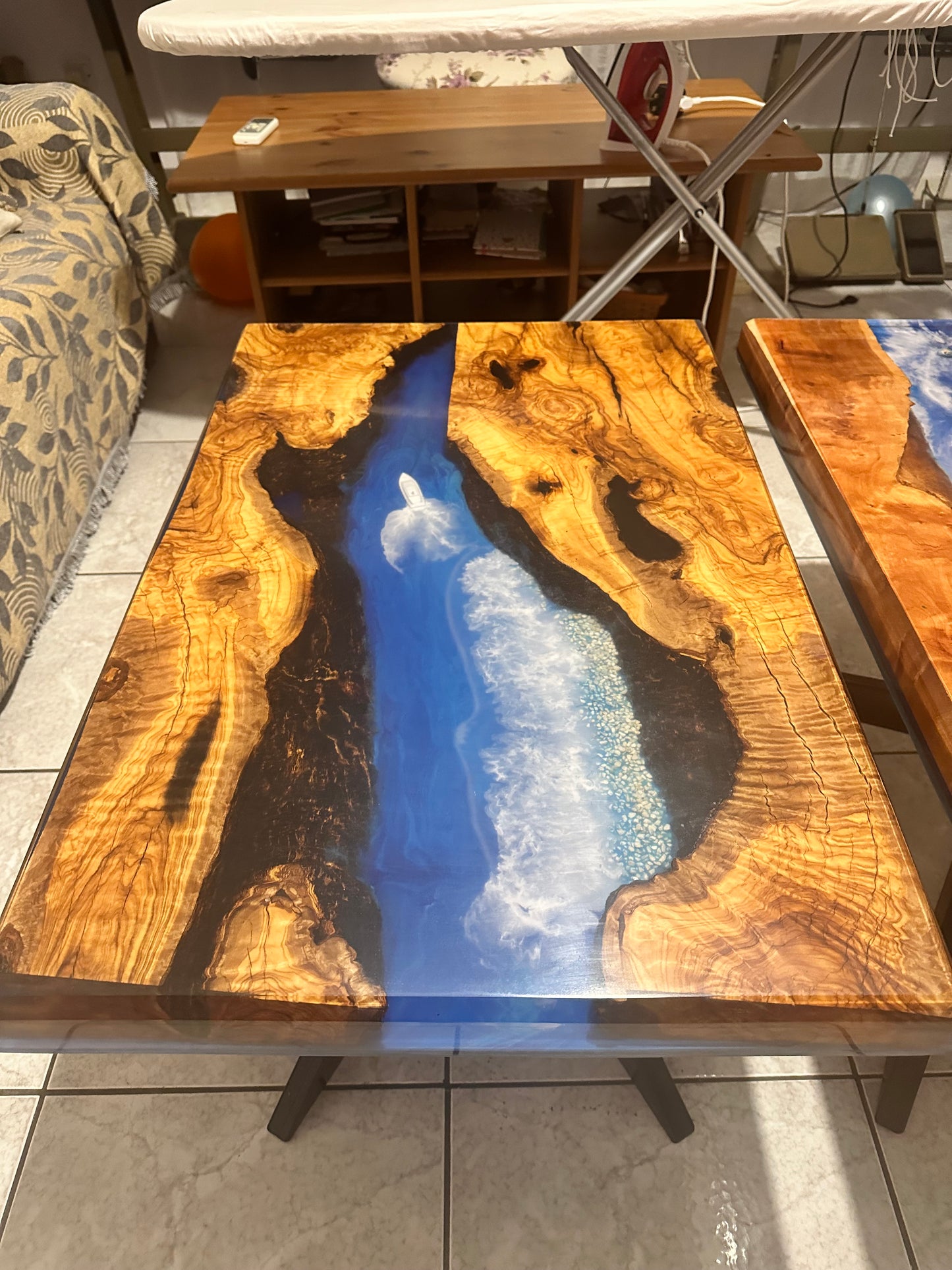 Beach River Coffee Table – Wood & Epoxy Resin with Waves and Sailboat Cyprus