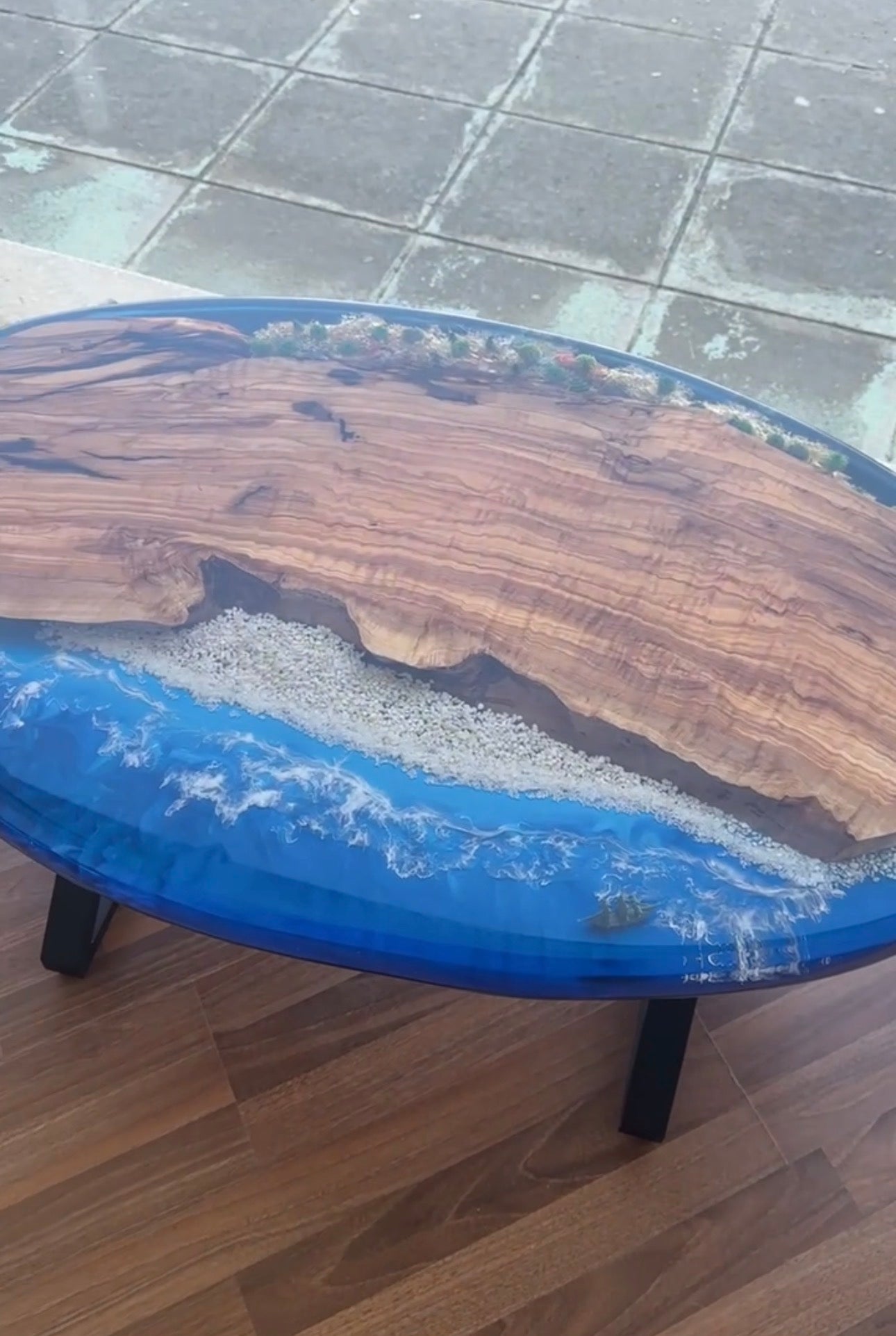 "Coastal Dream" – Resin River Coffee Table with Sailboat & Wave Effect One of a Kind, Handmade in Cyprus