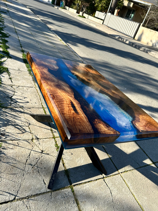 Beach River Coffee Table – Wood & Epoxy Resin with Waves and Sailboat Cyprus