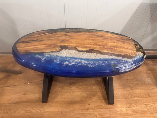 "Coastal Dream" – Resin River Coffee Table with Sailboat & Wave Effect One of a Kind, Handmade in Cyprus