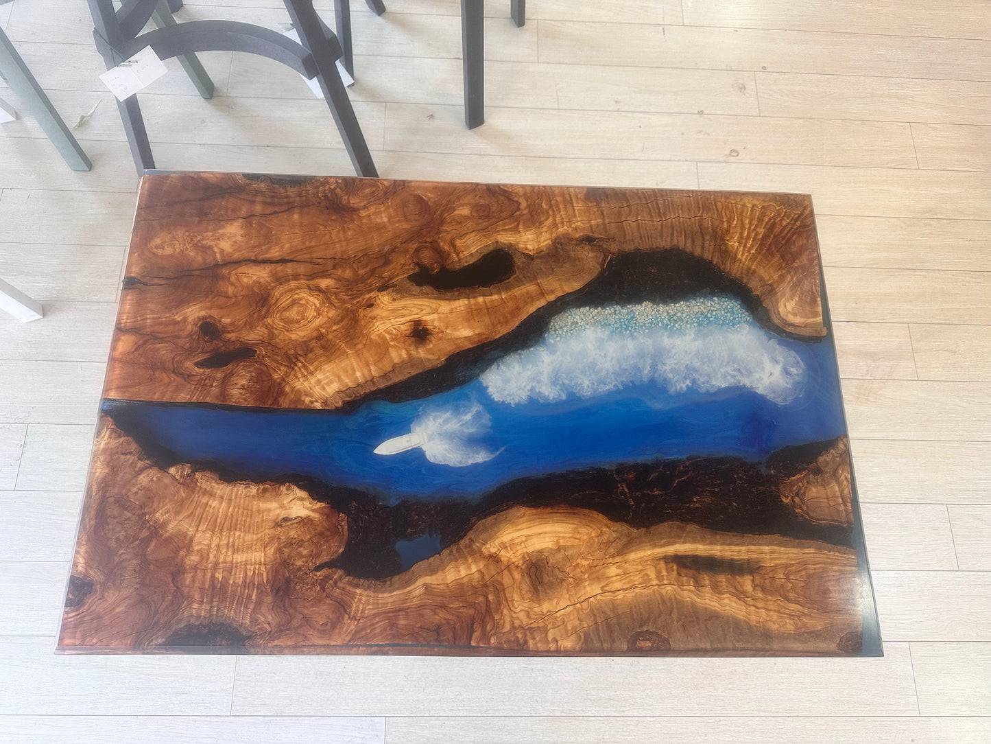 Beach River Coffee Table – Wood & Epoxy Resin with Waves and Sailboat Cyprus