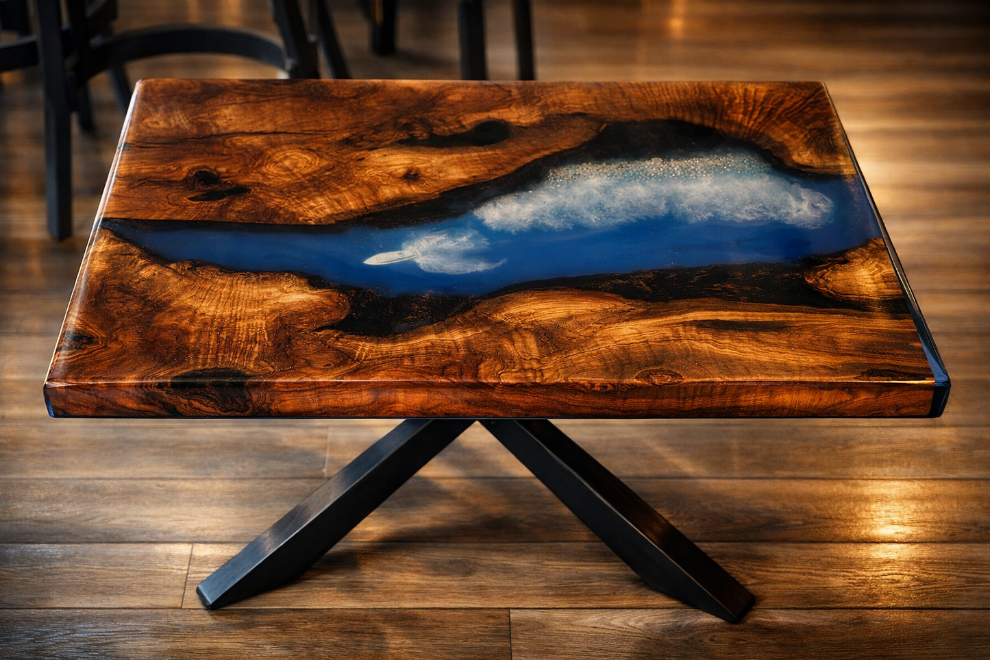 Beach River Coffee Table – Wood & Epoxy Resin with Waves and Sailboat Cyprus